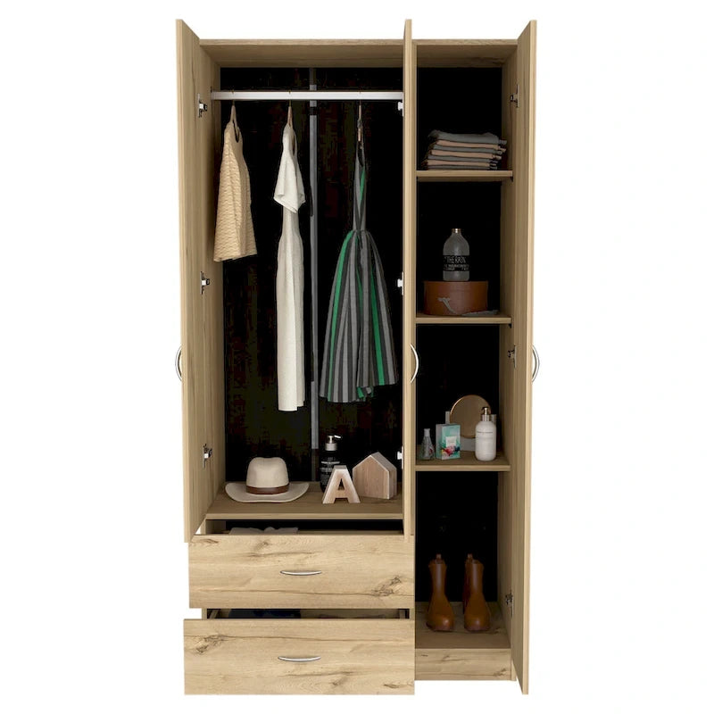 TUHOME Austral 3 Door Armoire with Drawers, Shelves, and Hanging Rod - N/A