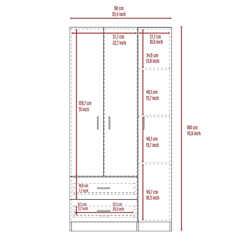 TUHOME Austral 3 Door Armoire with Drawers, Shelves, and Hanging Rod - N/A