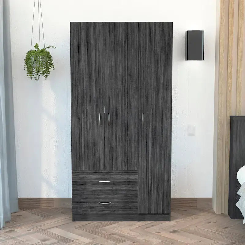 TUHOME Austral 3 Door Armoire with Drawers, Shelves, and Hanging Rod - N/A