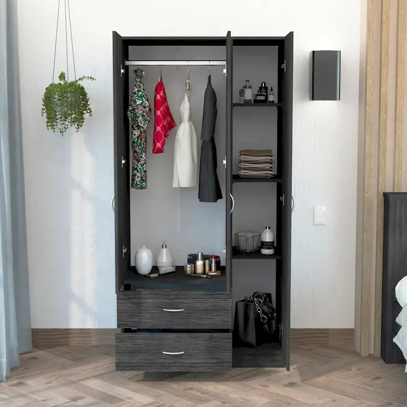 TUHOME Austral 3 Door Armoire with Drawers, Shelves, and Hanging Rod - N/A