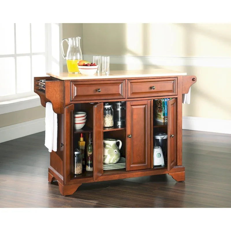 Crosley LaFayette Classic Cherry Natural Wood Top Kitchen Island - 18d x 51.5w x 36h