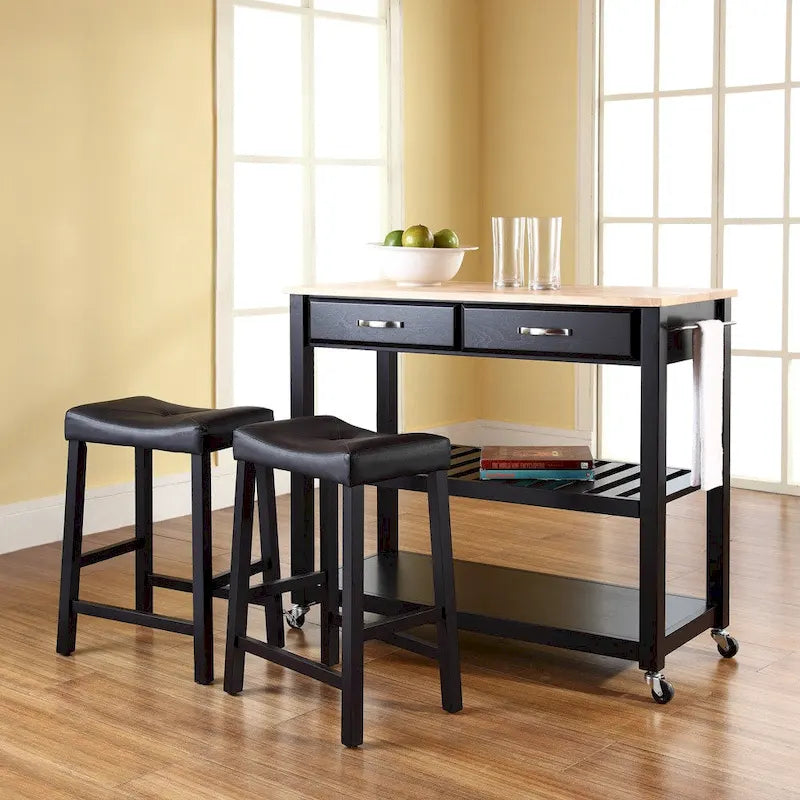 Crosley Black Natural Wood Top Kitchen Cart and Island with Black 24-inch Upholstered Saddle Stools - 17d x 43w x 35h