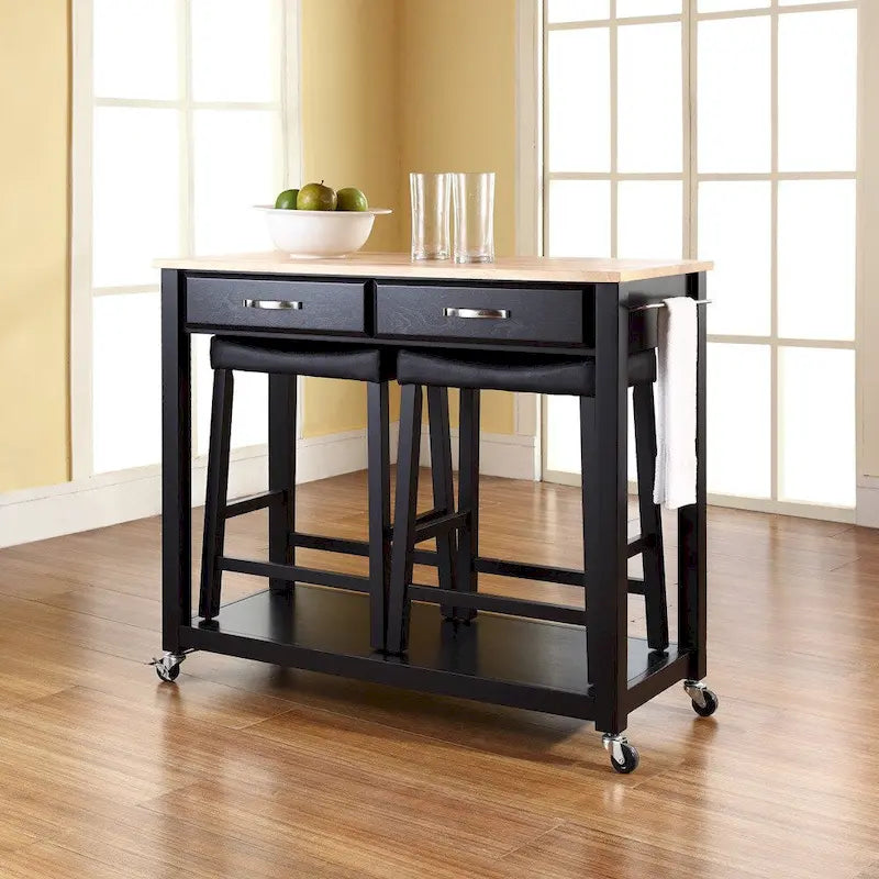 Crosley Black Natural Wood Top Kitchen Cart and Island with Black 24-inch Upholstered Saddle Stools - 17d x 43w x 35h