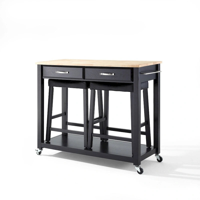 Crosley Black Natural Wood Top Kitchen Cart and Island with Black 24-inch Upholstered Saddle Stools - 17d x 43w x 35h