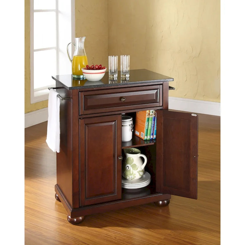Crosley Alexandria Solid Black Granite Top Portable Kitchen Island in Vintage Mahogany Finish - 18d x 31w x 33.5h