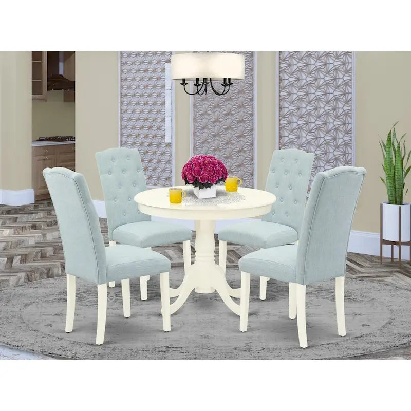 East West Furniture Dinette Set- A Round Kitchen Table and Linen Fabric Parson Chairs, (Pieces & Finish Options)