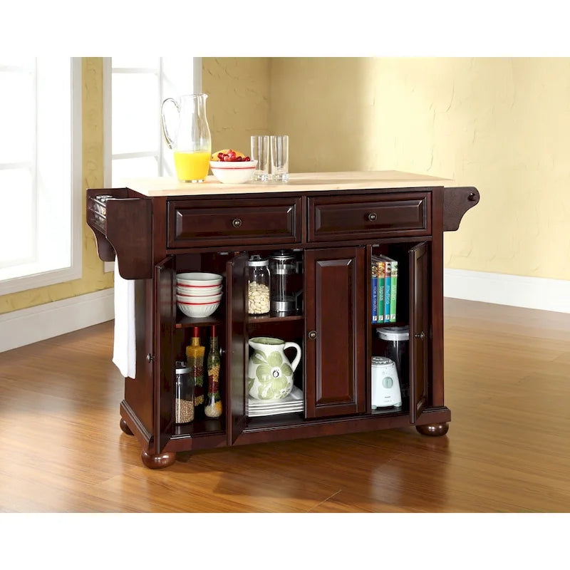 Crosley Alexandria Natural Wood Top Kitchen Island in Vintage Mahogany Finish - 51.5 W x 18 D x 34 H