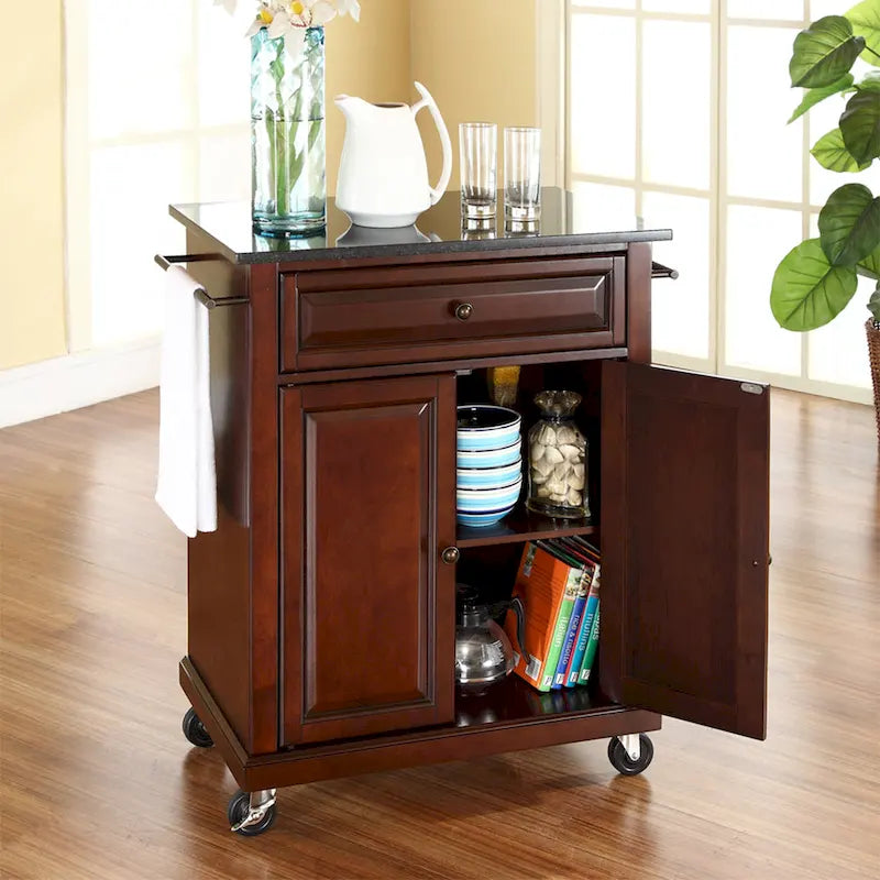 Crosley Compact Solid Black Granite Top Portable Kitchen Cart/ Island in Vintage Mahogany Finish - 18d x 31w x 35.5h