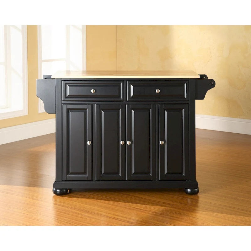 Crosley Alexandria Natural Wood Top Kitchen Island in Black Finish - 51.5 W x 18 D x 34 H