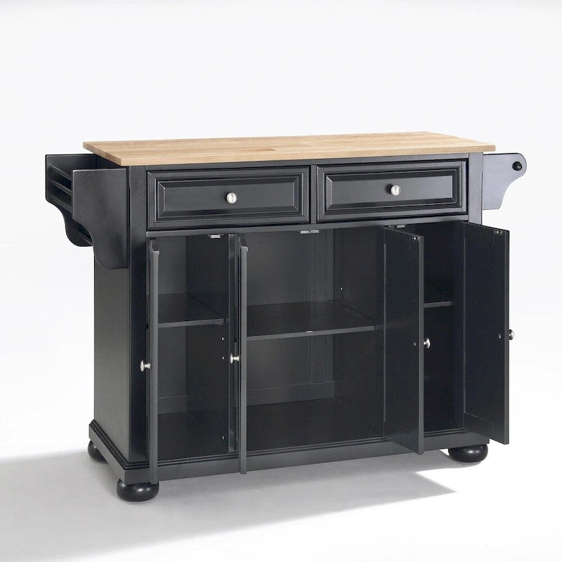 Crosley Alexandria Natural Wood Top Kitchen Island in Black Finish - 51.5 W x 18 D x 34 H