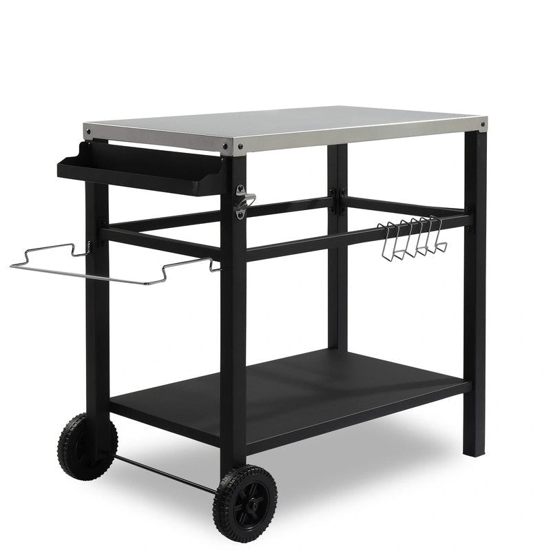 Outdoor Grill Cart Movable BBQ Trolley Food Prep Cart with Two Wheels & Hooks - N/A