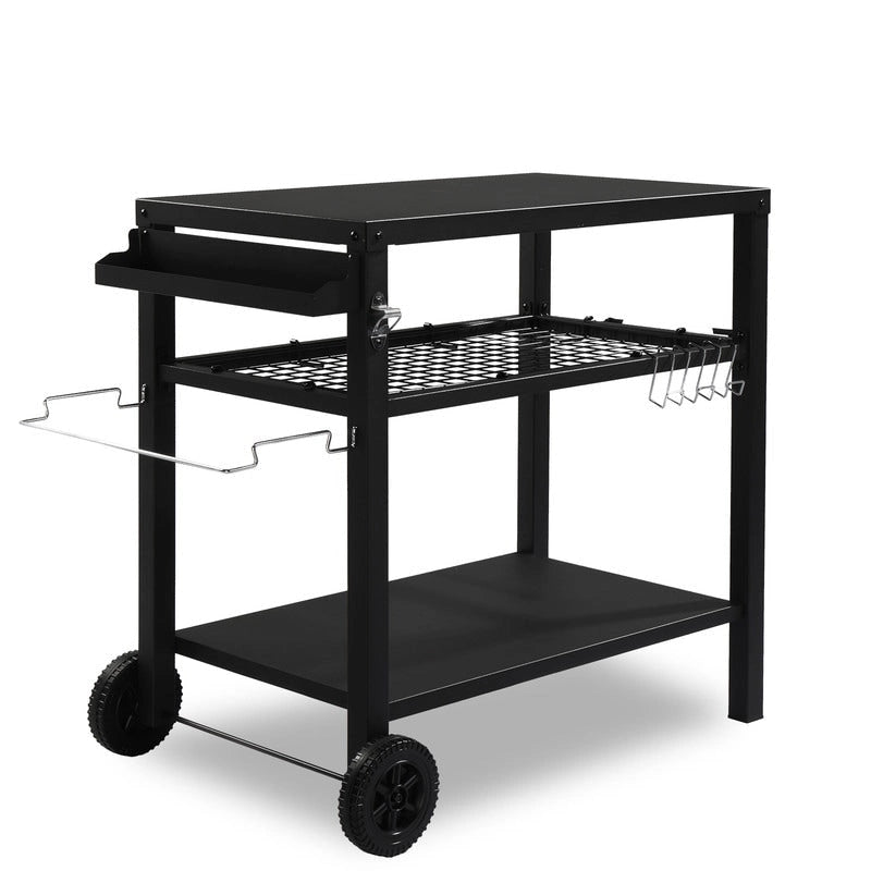 Outdoor Grill Cart Movable BBQ Trolley Food Prep Cart with Two Wheels & Hooks - N/A