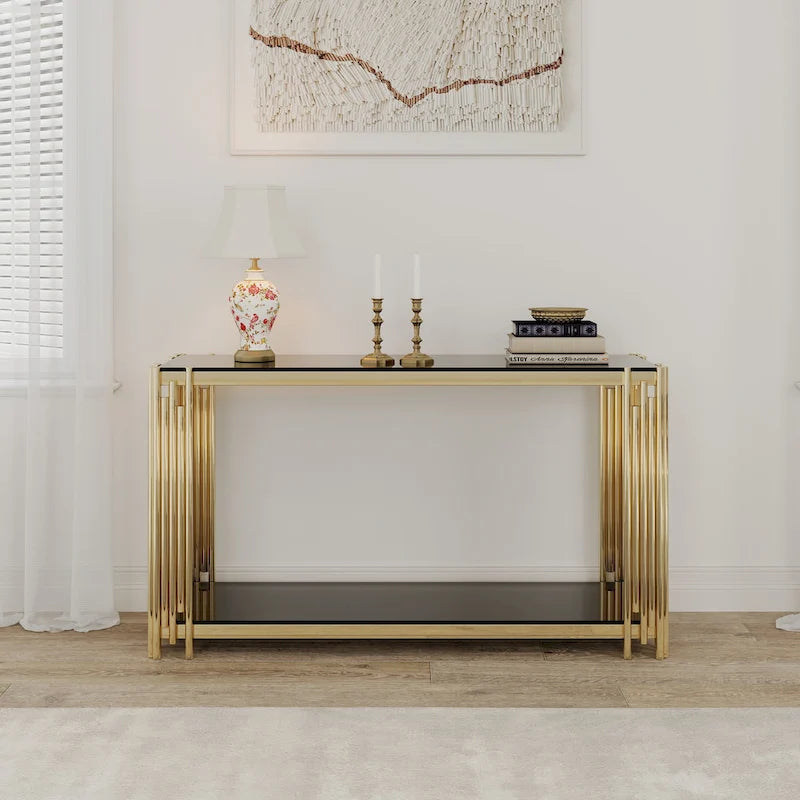 Modern Glass Console Table, 55 Gold Sofa Table with Sturdy Metal Frame and Black Tempered Glass Top, for Living Room Entryway B