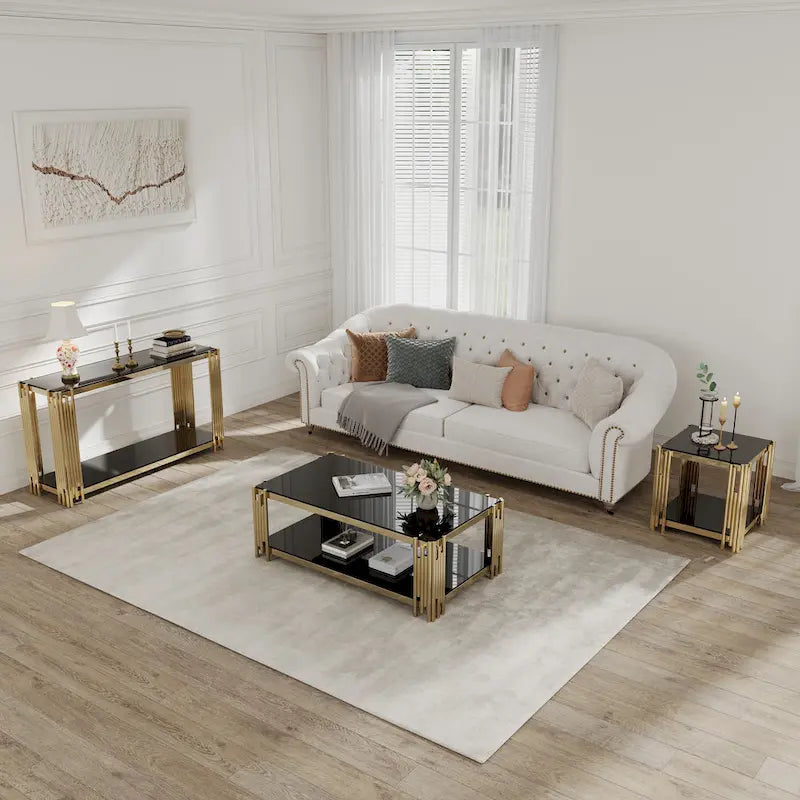 Modern Glass Console Table, 55 Gold Sofa Table with Sturdy Metal Frame and Black Tempered Glass Top, for Living Room Entryway B