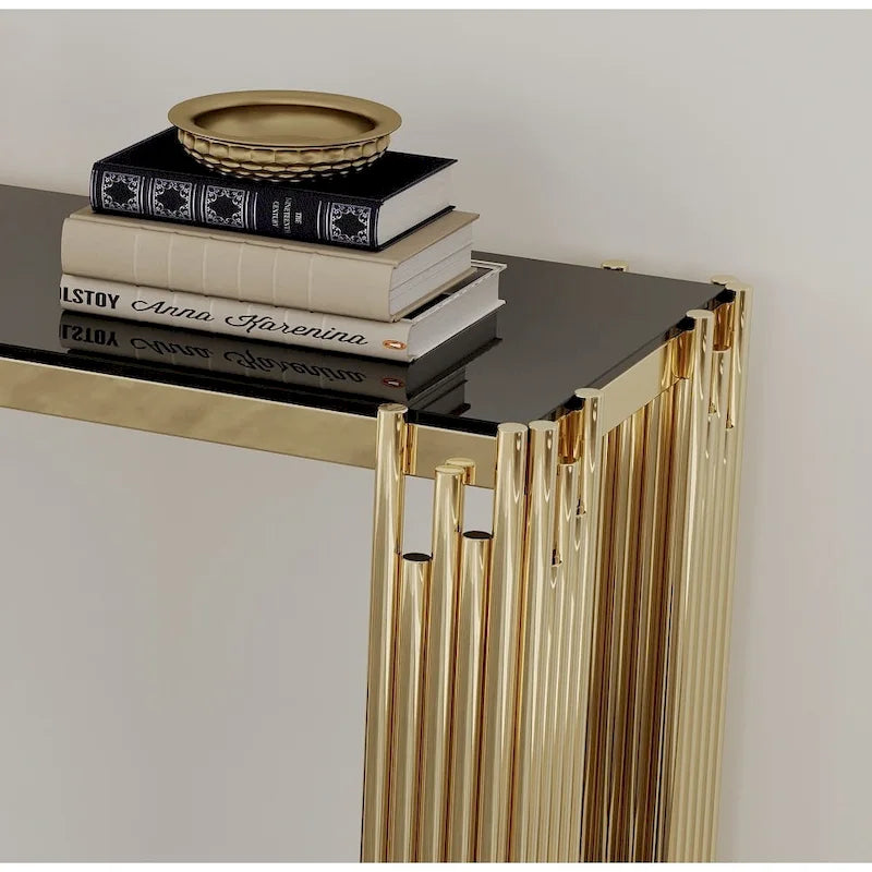 Modern Glass Console Table, 55 Gold Sofa Table with Sturdy Metal Frame and Black Tempered Glass Top, for Living Room Entryway B