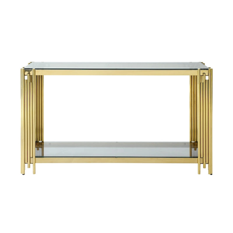 Modern Glass Console Table, 55 Gold Sofa Table with Sturdy Metal Frame and Black Tempered Glass Top, for Living Room Entryway B