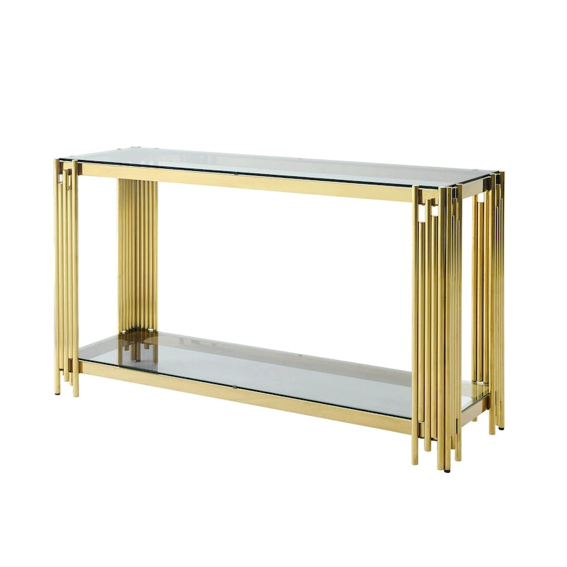 Modern Glass Console Table, 55 Gold Sofa Table with Sturdy Metal Frame and Black Tempered Glass Top, for Living Room Entryway B