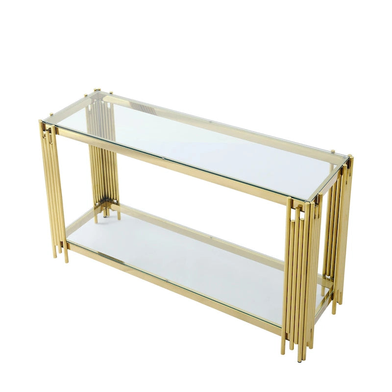 Modern Glass Console Table, 55 Gold Sofa Table with Sturdy Metal Frame and Black Tempered Glass Top, for Living Room Entryway B