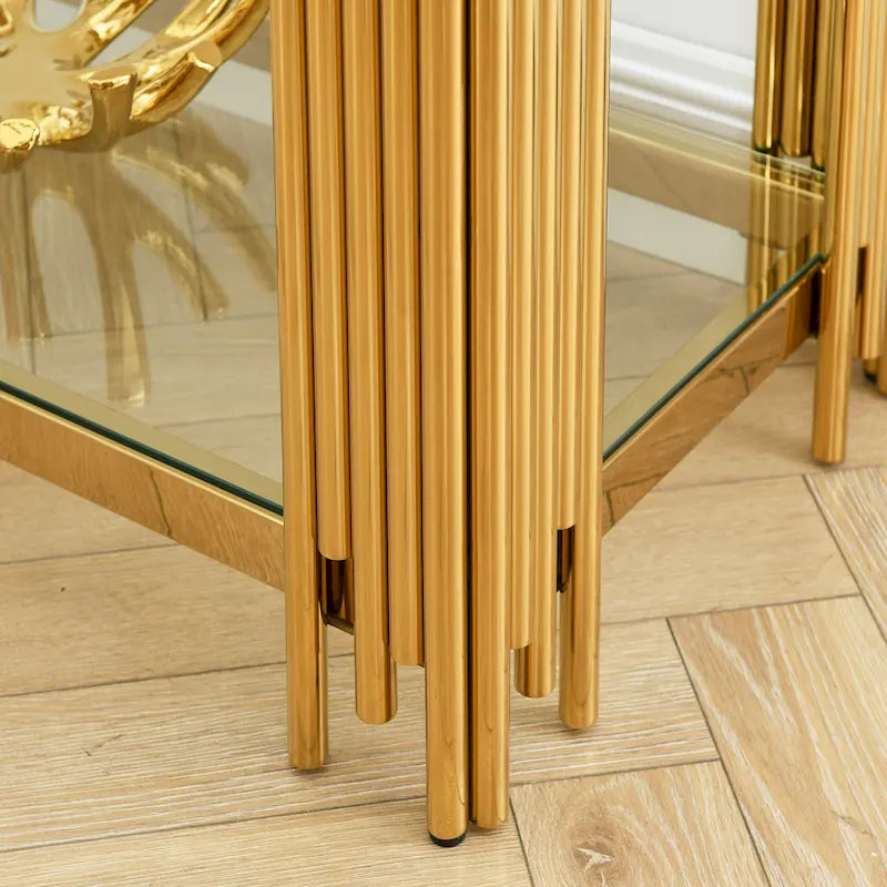 Modern Glass Console Table, 55 Gold Sofa Table with Sturdy Metal Frame and Black Tempered Glass Top, for Living Room Entryway B
