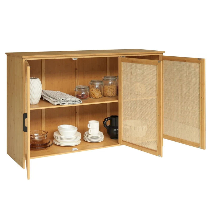 VEIKOUS 3-Door Natural Rattan Bamboo Sideboard Buffet Kitchen Storage Cabinet
