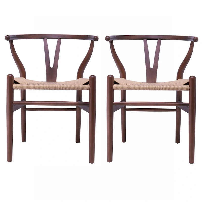 Set of 2 Modern Wood Dining Chair With Y Back Arm Armchair Hemp Seat For Home Restaurant Office