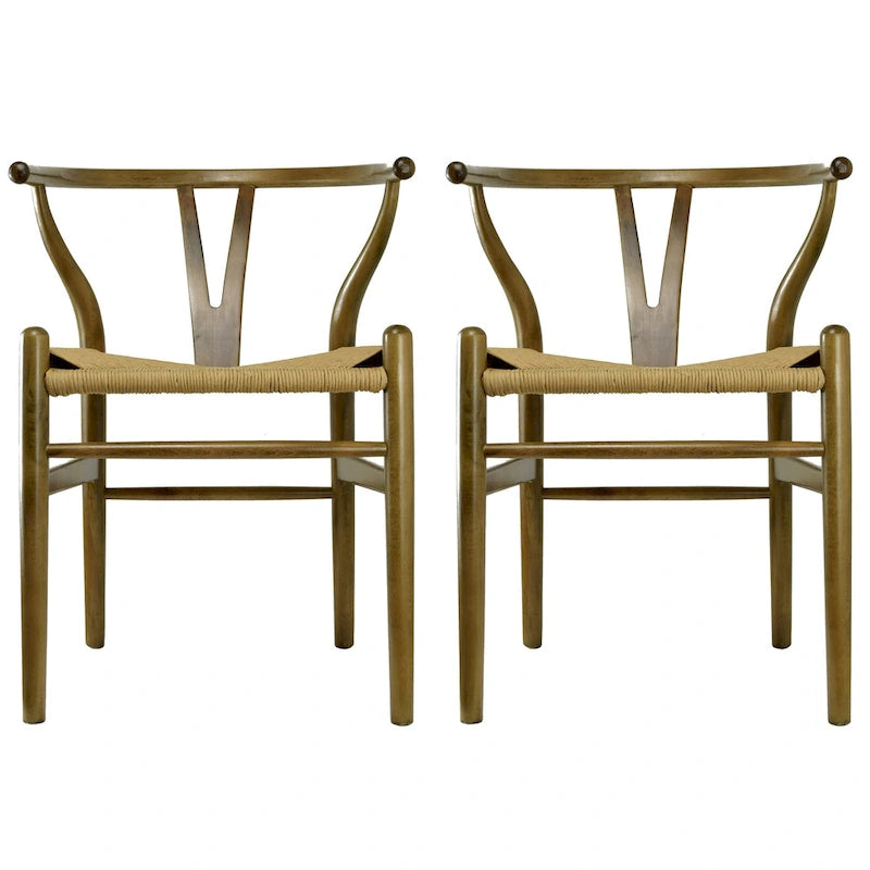 Set of 2 Modern Wood Dining Chair With Y Back Arm Armchair Hemp Seat For Home Restaurant Office