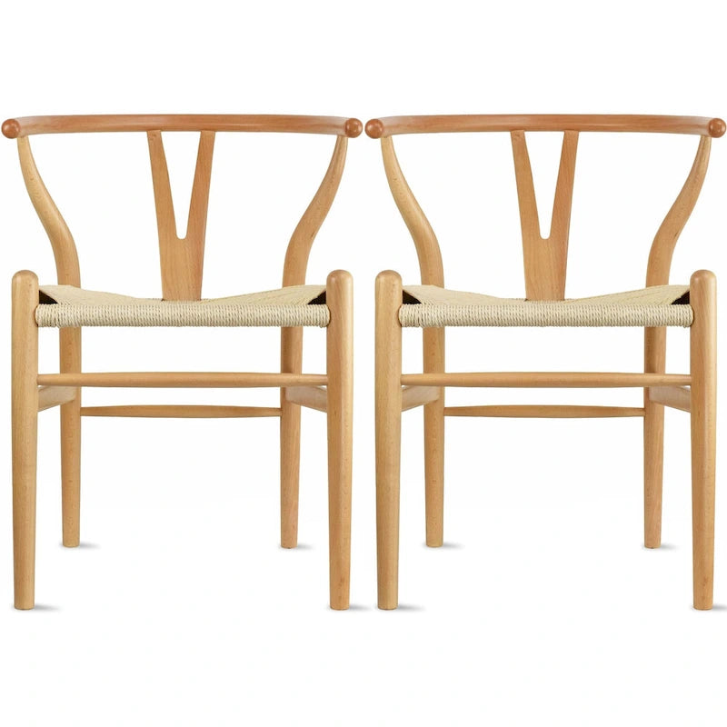 Set of 2 Modern Wood Dining Chair With Y Back Arm Armchair Hemp Seat For Home Restaurant Office