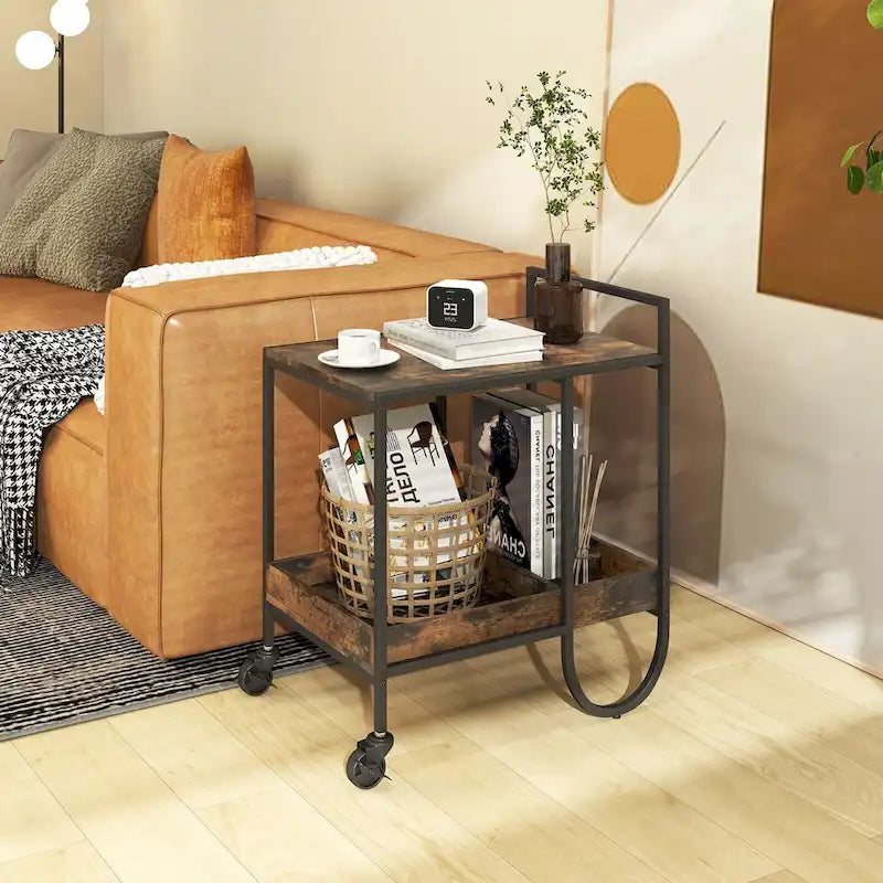 Rolling Buffet Serving Cart with Removable Metal Wire Wine Rack-Brown - 24 x 17 x 29 (L x W x H)