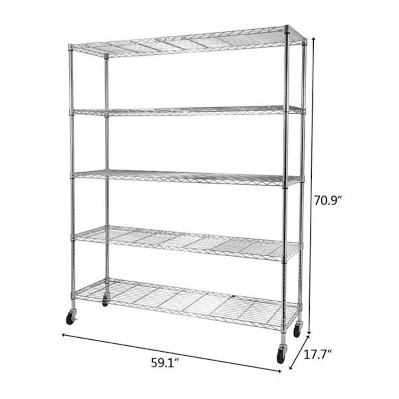 5-Tier Steel Wire Shelving with Wheels - (59.06 x 17.72 x 70.87)