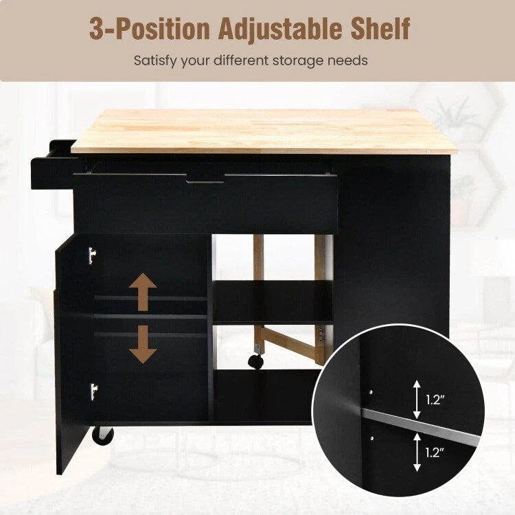 Drop-Leaf Kitchen Island with Rubber Wood Top - 49 x 30 x 36(L x W x H)