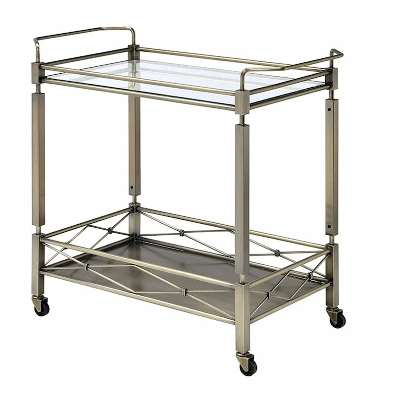 Two Tiered Metal Serving Cart with Glass Shelves and Side Rails, Antique Gold - 29.92 H x 16.14 W x 31.5 L Inches