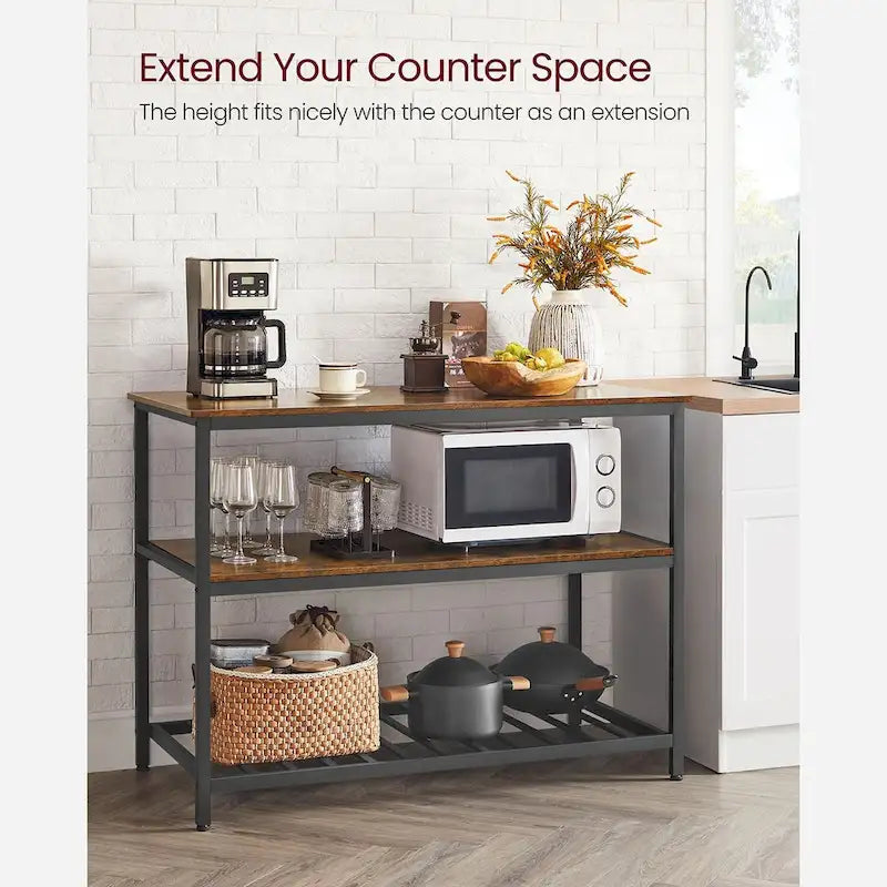 Black Metal Kitchen Shelf with Large Wooden Worktop and Adjustable Storage Racks