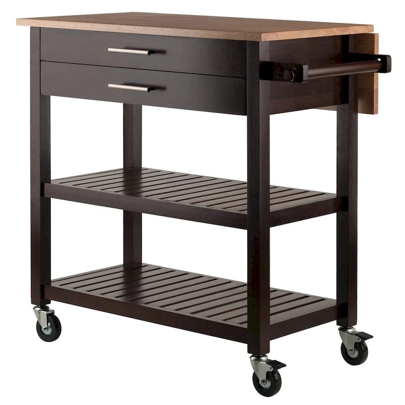 Langdon Kitchen Cart, Drop Leaf, Cappuccino and Natural - 36.57 x 26.42 x 34.45 inches