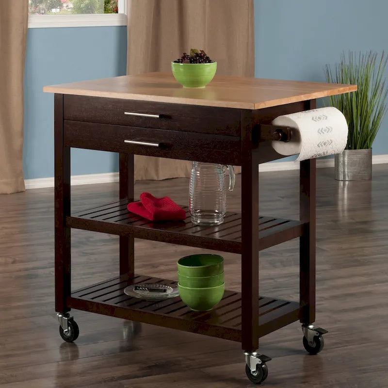 Langdon Kitchen Cart, Drop Leaf, Cappuccino and Natural - 36.57 x 26.42 x 34.45 inches