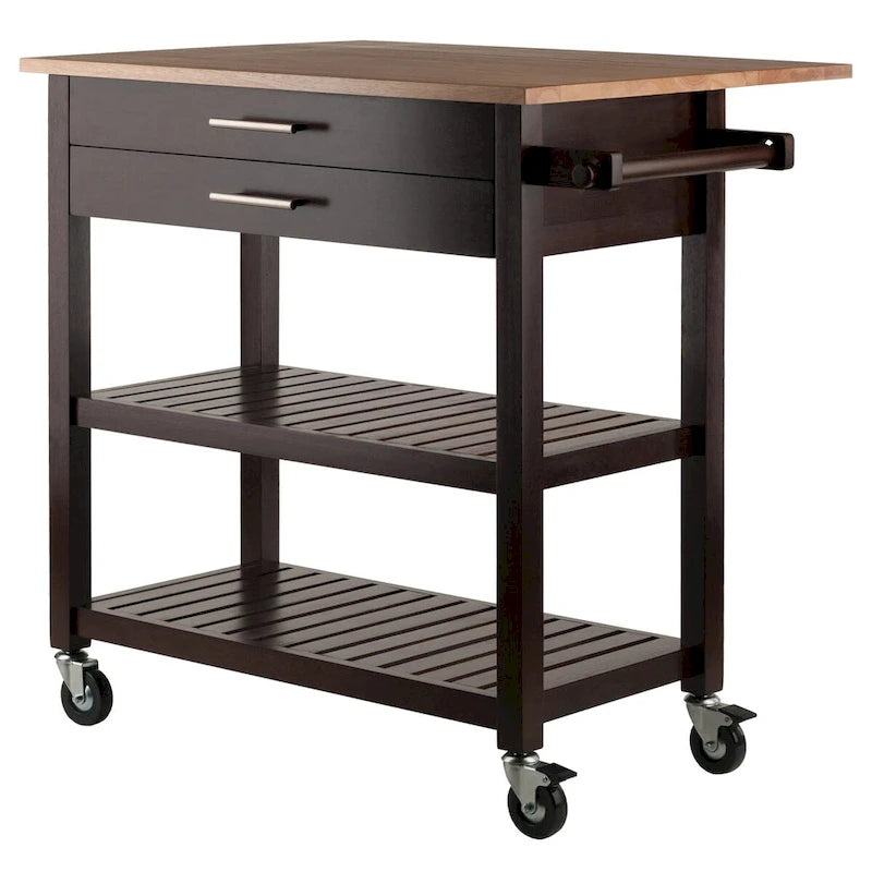 Langdon Kitchen Cart, Drop Leaf, Cappuccino and Natural - 36.57 x 26.42 x 34.45 inches