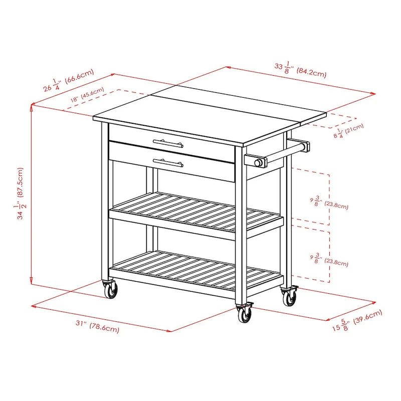 Langdon Kitchen Cart, Drop Leaf, Cappuccino and Natural - 36.57 x 26.42 x 34.45 inches