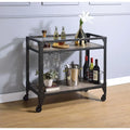 2 Tier Metal Serving Cart with Wooden Shelves and Bottle Holders, Black - 30.5 H x 16 W x 31.5 L Inches