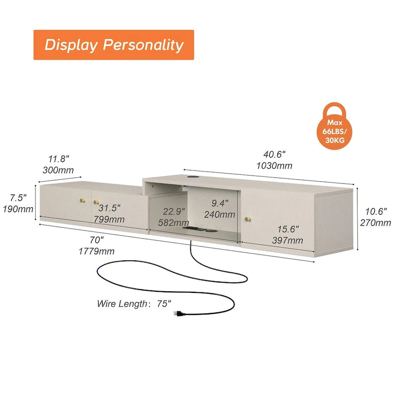 Floating LED Light TV Stand with Charging Station,