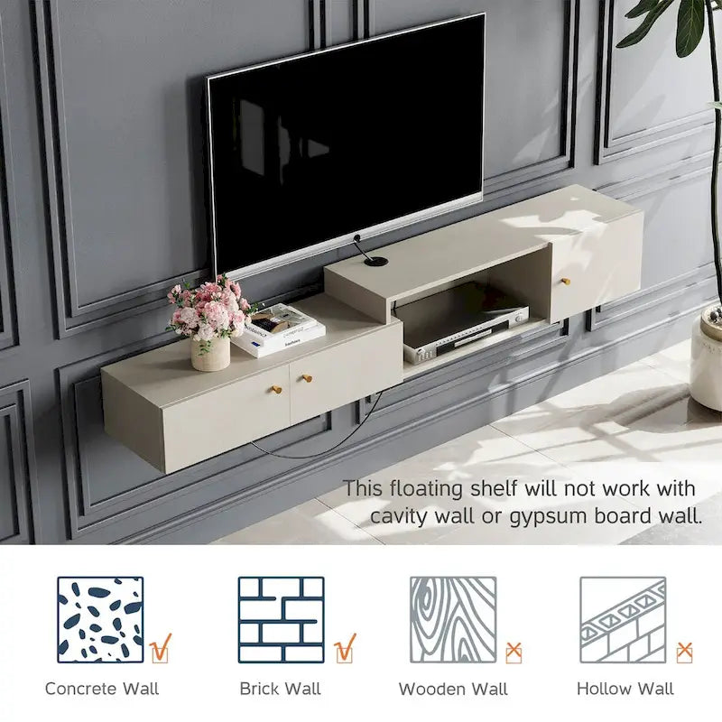 Floating LED Light TV Stand with Charging Station,