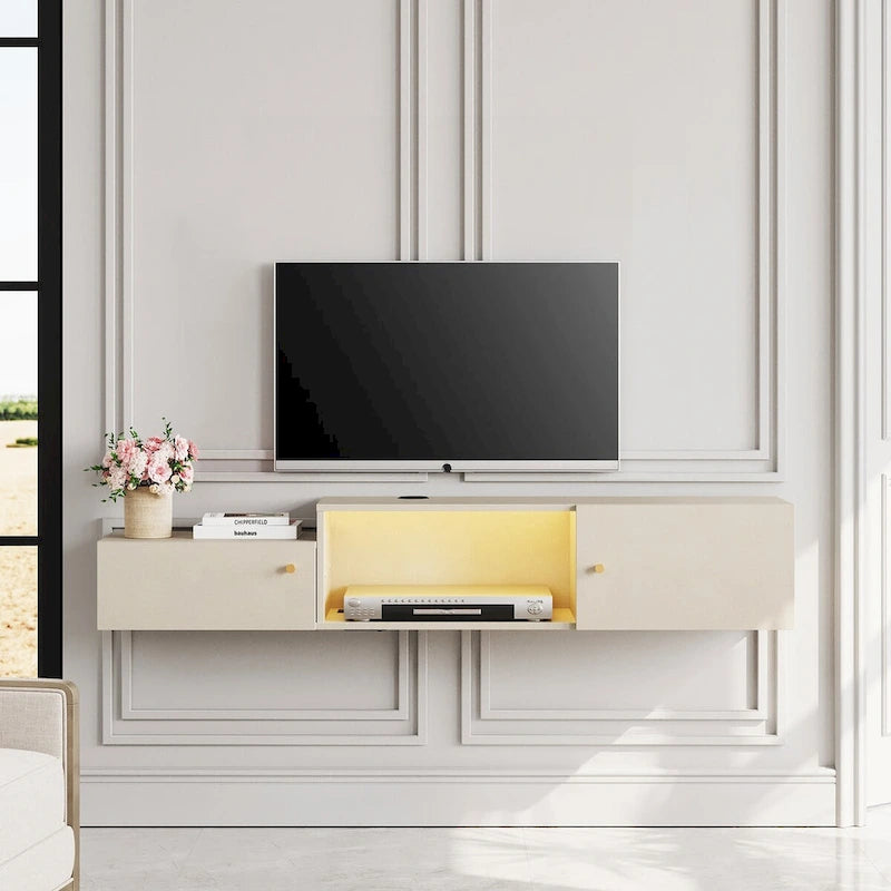 Floating LED Light TV Stand with Charging Station,