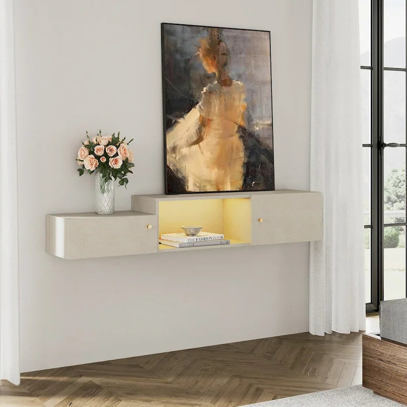 Floating LED Light TV Stand with Charging Station,