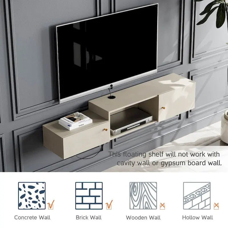 Floating LED Light TV Stand with Charging Station,