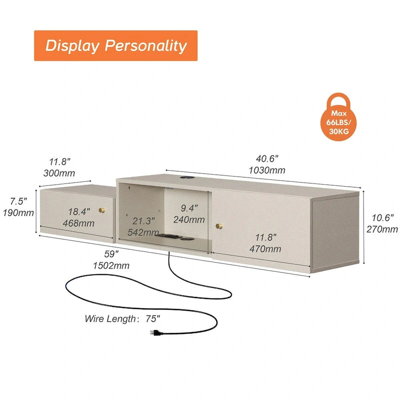 Floating LED Light TV Stand with Charging Station,