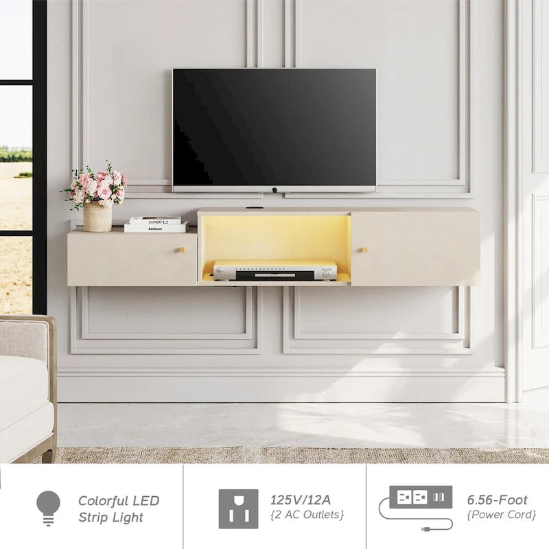 Floating LED Light TV Stand with Charging Station,