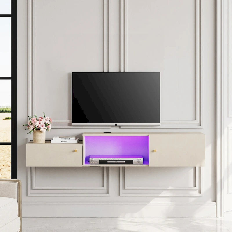 Floating LED Light TV Stand with Charging Station,