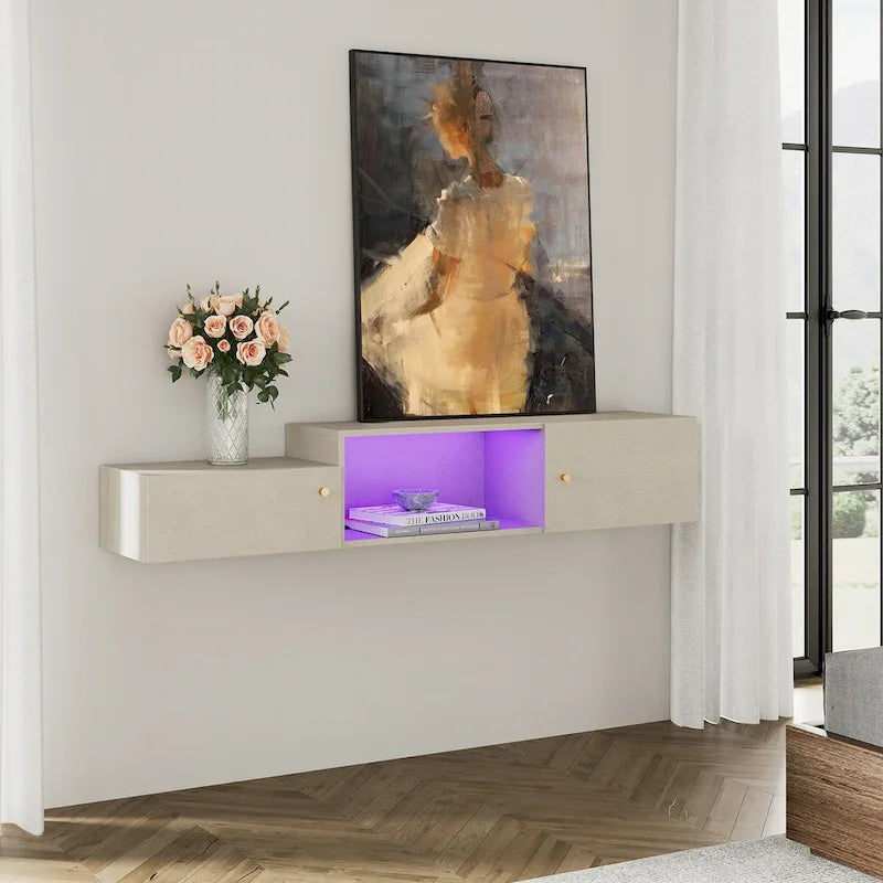 Floating LED Light TV Stand with Charging Station,