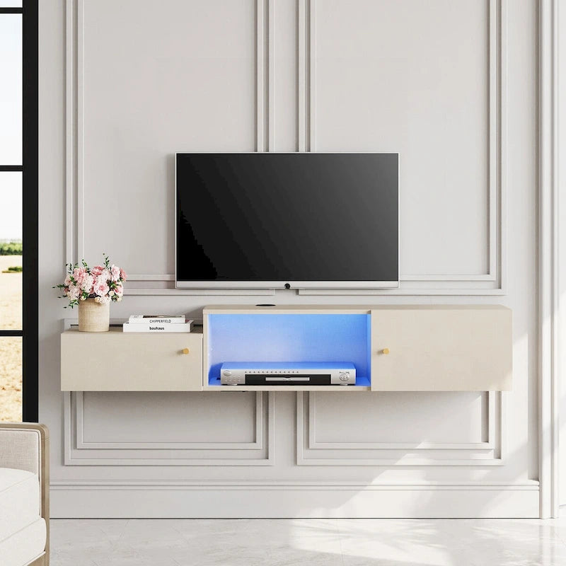 Floating LED Light TV Stand with Charging Station,