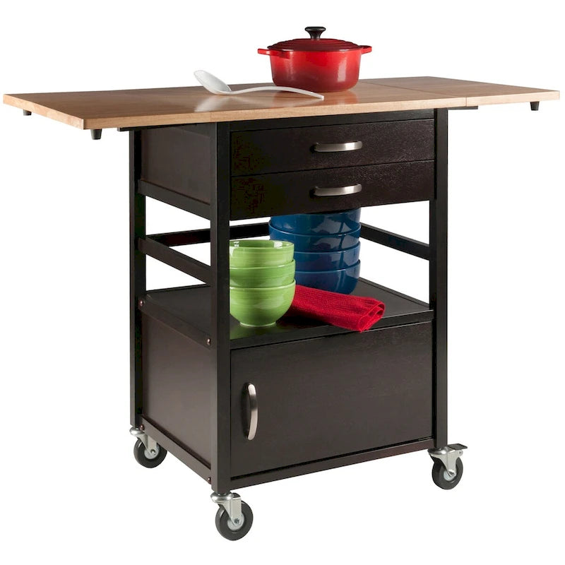 Bellini Drop Leaf Kitchen Cart, Coffee and Natural - 43.23 x 20.08 x 33.54 inches