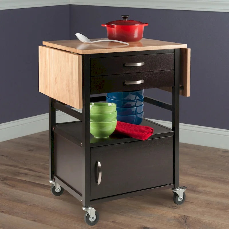 Bellini Drop Leaf Kitchen Cart, Coffee and Natural - 43.23 x 20.08 x 33.54 inches