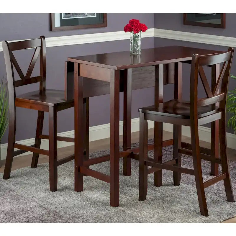 3-Pc Drop Leaf Table with V-Back Counter Stools, Walnut